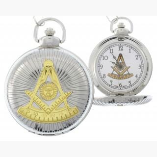 Masonic Past Master Pocket Watch - Duo-tone Steel and Gold Color Emblem / Mason Square and Compass D