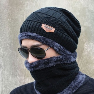 New Knitted Fashion Beanies Knit Men's Winter Hat - Black with Collar