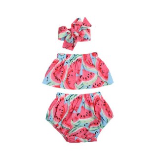 Sweet Baby Girls Watermelon Off Shoulder Tops+Triangle shorts +Headband Watermelon Outfits Clothes