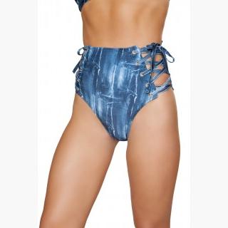 1pc Denim Print High-Waisted Shorts with Lace-up Detail