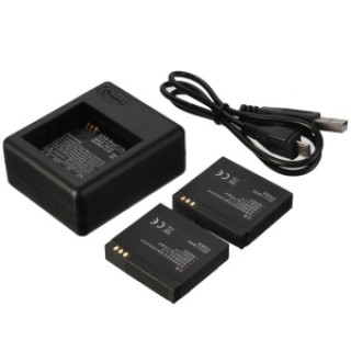 2pcs 1010mAh Li-ion Batteries with Dual-Slot Charger & USB Cable for Xiaomi Yi Sports Camera Black