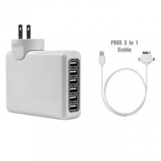 6 USB Ports Wall Charger in one with Free 3 in 1 Cable