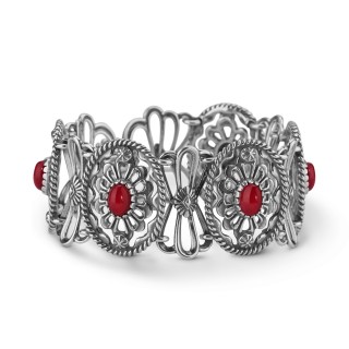 American West Sterling Silver Red Coral Concha Design Link Bracelet