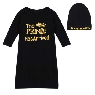 Autumn Baby Girl Black Dress Ankle Length Full Sleeve Clothes Golden Printed Cotton Clothes with Hat