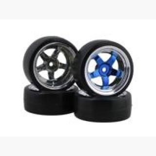 BQLZR RC1:10 On Road Car Drift Tyre + Blue 5 Spoke Plating Wheel Rim set of 4