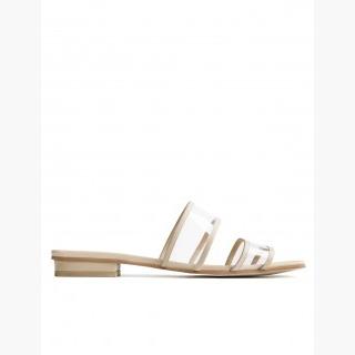 Beige Square Toe Clear and Leather Sandals