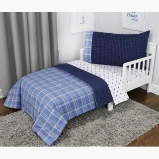 Blue Plaid Toddler Bed Set - 4pc Stars Stripes Bedding