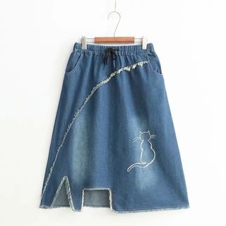 Cat Embroidered Cut-Out Denim Skirt Denim Blue - One Size