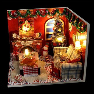Christmas Warm DIY Wooden Dollhouse with Light Tree Mantle Decor