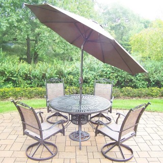 Coffee 7pc Set: Table, 4 Swivel Rockers, Brown Umbrella