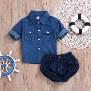 Cool Solid Denim Long-sleeve Shirt and Denim Shorts Set for Baby