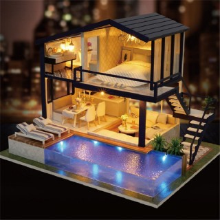 DIY LED Musical Luxury House Dollhouse with Swim Pool Blue+Yellow Lights