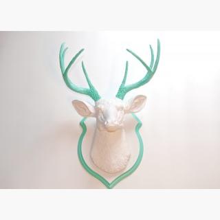 Faux Taxidermy White and Aqua Faux Deer Head- Wall Mount -Matching Shield Mount Ds0163