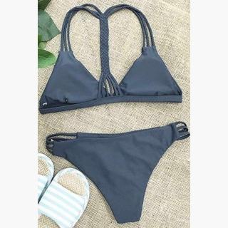 Floralkini Solid Braided Back Triangle Halter Bikini Set