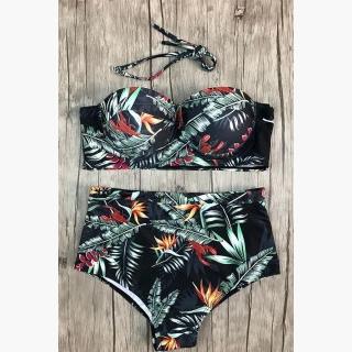 Floralkini Tropical Leaf Print Bustier Halter Bikini Set