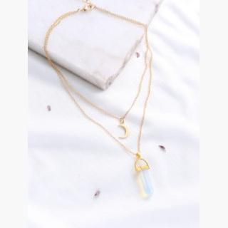 Gold Crystal And Crescent Pendant Layered Necklace