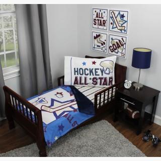 Hockey Toddler Bedding Set - 3pc All Star Sports Blanket and Fitted Sheet
