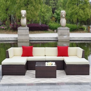 IKAYAA 7PCS Cushioned Outdoor Patio Garden Furniture Sofa Set Ottoman Corner Couch Sectional Furnitu