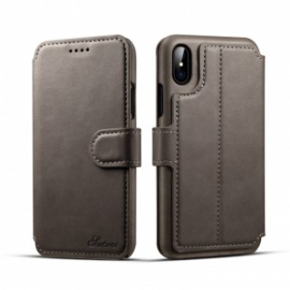 Leather Cover Wallet Back Case with Card Cases for iPhone X- Gray