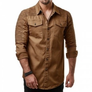 Men s Pleated Shoulder Solid Color Denim Long Sleeve Denim Shirt