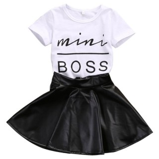 Mini Boss Print Tees+Leather Skirt Trendy Toddler Girl Clothes