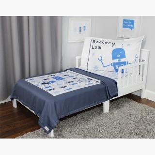 RoomCraft Bedtime Bots Toddler Bedding Set - 3pc Blue Robots Blanket Sheet and Pillowcase Set