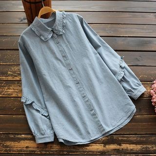 Ruffle Trim Denim Shirt Denim Blue - One Size