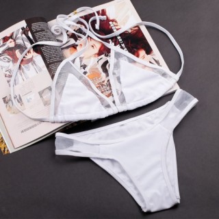 Sexy Triangle Bikini Set Splicing Mesh Halter Bathing Suit Swimwear for Women