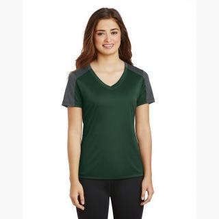 Sport-Tek LST354 Ladies PosiCharge Competitor Sleeve-Blocked V-Neck Tee - Forest Green/Iron Grey - X