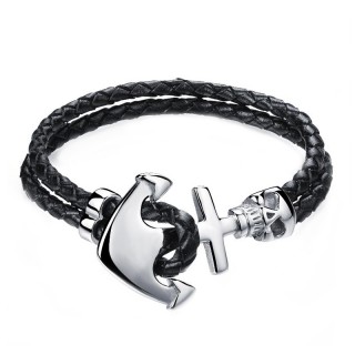 Stainless Steel Anchor Braid Leather Bracelet for Men