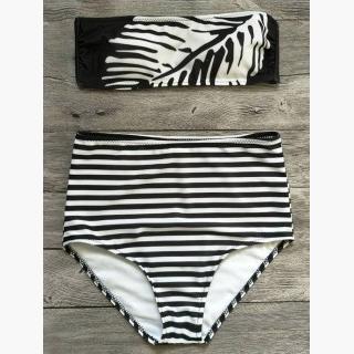 Strapless Stripe Feather Print Bikini Set