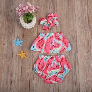 Sweet Baby Girls Watermelon Off Shoulder Tops+Triangle shorts +Headband Watermelon Outfits Clothes