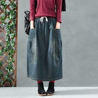 Washed Midi Denim Skirt Denim Blue - One Size