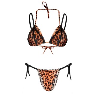 Women Swimsuits Leopard Print Lace Halter Bandage Thong Bikini Swimwear Bathing Suit
