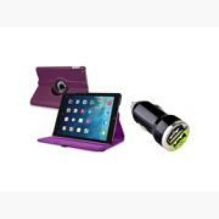 eForCity 360 Rotating Swivel Stand Leather Case, Purple with 2-Port USB Car Charger Adapter For Appl